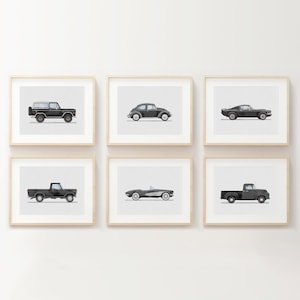Set of 6 Vintage Black Vehicle Prints, Boys Room Decor, Retro Car Prints For Boys Room, Kids Room Wall Art, Transportation Watercolor Art