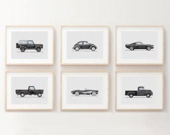 Ensemble de 6 impressions de véhicules noirs vintage, décor de chambre de garçons, impressions de voitures rétro pour chambre de garçons, art mural de chambre d’enfants, art aquarelle de transport