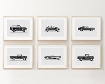 Set of 6 Vintage Black Vehicle Prints, Boys Room Decor, Retro Car Prints For Boys Room, Kids Room Wall Art, Transportation Watercolor Art