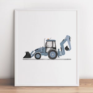 Op de afbeelding: Een eenvoudige, platte illustratie van een blauwe en grijze graafmachine met een zwarte bak. De graafmachine staat op een witte achtergrond.