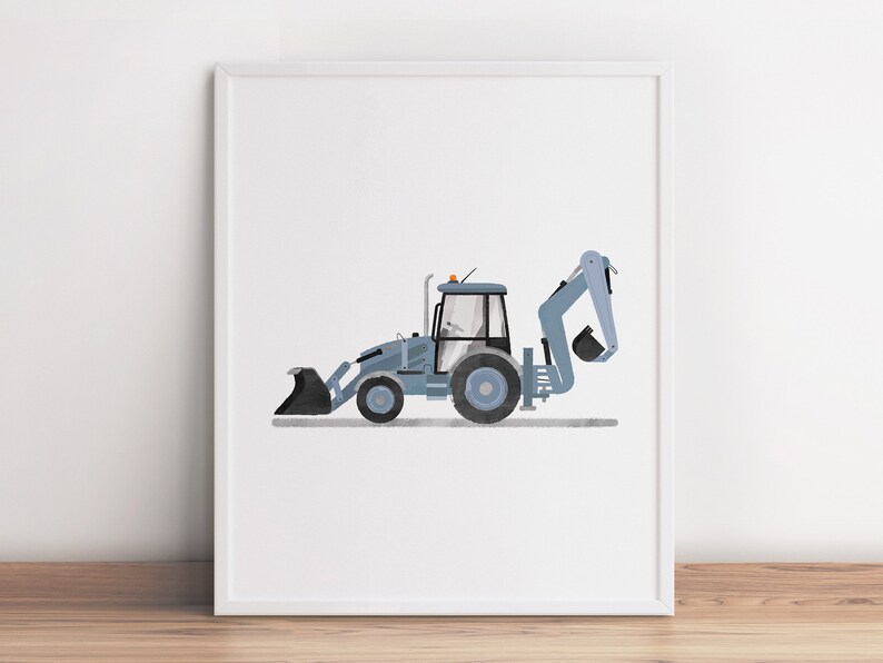 Op de afbeelding: Een eenvoudige, platte illustratie van een blauwe en grijze graafmachine met een zwarte bak. De graafmachine staat op een witte achtergrond.