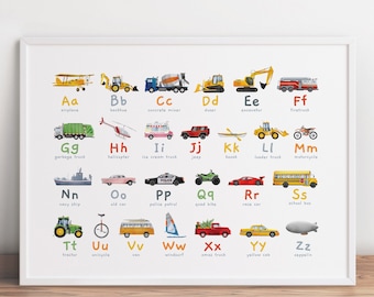 Impresión del alfabeto de transporte, alfabeto de coches, arte mural con letras, decoración imprimible para el aula, arte educativo para guardería, decoración del alfabeto de coches para niños.