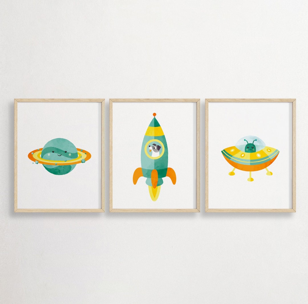 Set of 3 Space Prints Rocket Ship Wall Art Boy Decor Etsy