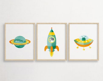 Set of 3 Space Prints, Rocket Ship Wall Art, Boy Planet Decor, Space Shuttle Print Nursery, Kids Playroom Wall Set, Nursery Art Printable