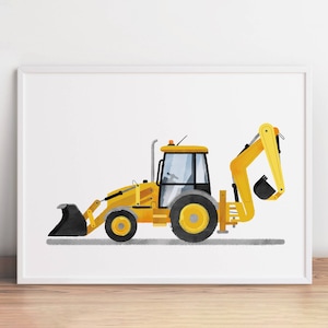 May include: A yellow backhoe with a black bucket, a gray tire, and a black and yellow arm. The backhoe is on a gray surface.