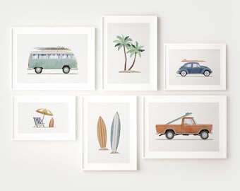 Surf Wall Art Prints, Boys Room Decor, Retro Car Prints For Boys Room, Surfboard Wall Art, Transportation Art, Van, Palm Trees, Surfboards