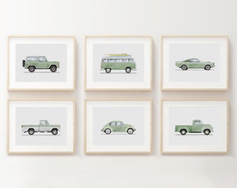 Set of 6 Vintage Sage Green Vehicle Prints, Boys Room Decor, Retro Car Prints For Boys Room,Kids Room Wall Art,Transportation Watercolor Art