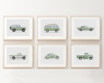 Set of 6 Vintage Sage Green Vehicle Prints, Boys Room Decor, Retro Car Prints For Boys Room,Kids Room Wall Art,Transportation Watercolor Art