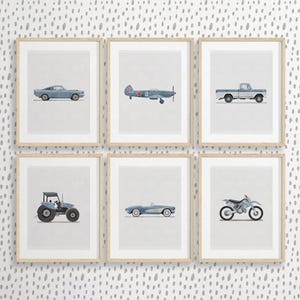 Set of 6 Vertical Pale Blue Vehicle Prints, Boys Room Decor, Retro Car Prints For Boys Room, Kids Room Wall Art, Transportation Watercolor