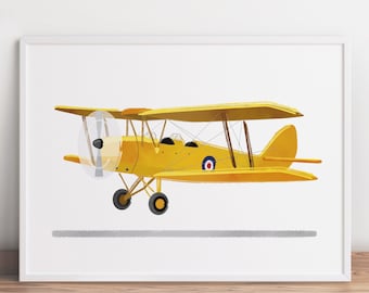 May include: A yellow biplane with a propeller and a round red, white, and blue target on the side. The plane is flying in the air.