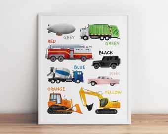 Colors Print, Learning Colors Poster, Educational Wall Art, Nursery Transportation Printable, Colours Vehicle, Toddler Boy Bedroom Decor