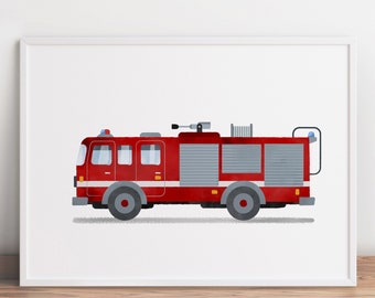 Brandweerwagen print, brandweerwagen kunst, brandweerwagen afdrukbare, jongen slaapkamer kunst, transport kunst, peuter kamer decor, decor kinderkamer, auto print