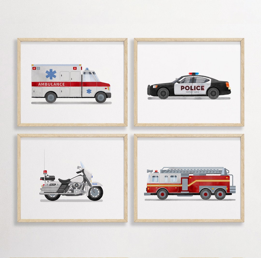 Set of 4 Rescue Vehicle Prints, Construction Wall Art, Transportation ...