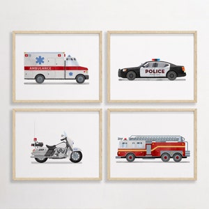 Set of 4 Rescue Vehicle Prints, Construction Wall Art, Transportation Nursery, Kids Gallery Wall Set, Truck Wall Art, Nursery Truck Prints
