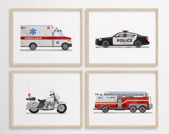 Set of 4 Rescue Vehicle Prints, Construction Wall Art, Transportation Nursery, Kids Gallery Wall Set, Truck Wall Art, Nursery Truck Prints