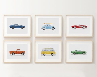 Set of 6 Vintage Vehicle Prints, Boys Room Decor, Retro Car Prints For Boys Room, Kids Room Wall Art, Transportation Watercolor Art