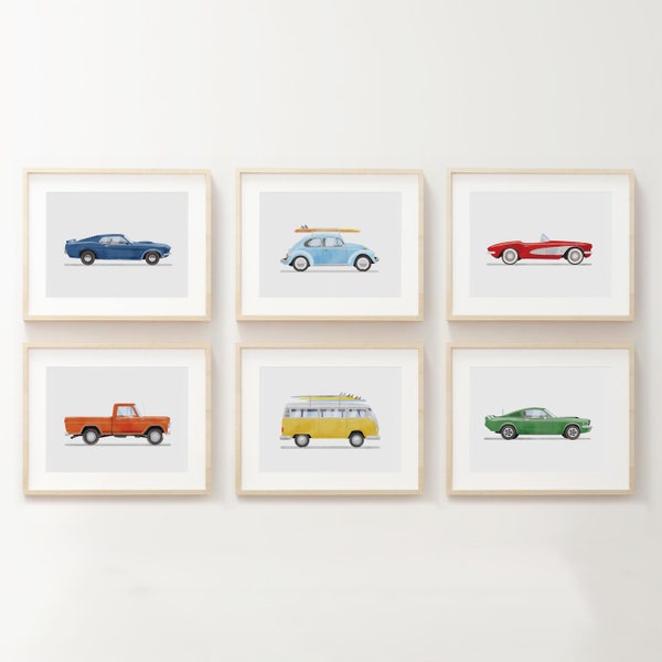 Conjunto de 6 impresiones de vehículos antiguos, decoración de la habitación de los niños, impresiones de coches retro para la habitación de los niños, arte de la pared de la habitación de los niños, arte de la acuarela de transporte