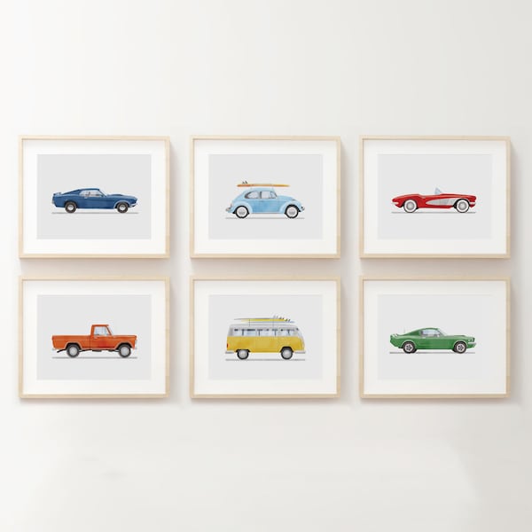 Conjunto de 6 láminas de vehículos antiguos, decoración para habitación infantil, láminas de coches retro para habitación infantil, arte mural para habitación infantil, arte de acuarela con temática de transporte.