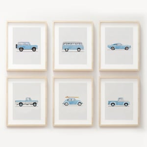 Set of 6 Vertical Vintage Baby Blue Vehicle Prints, Boys Room Decor, Retro Car Prints For Boys Room, Kids Room Wall Art, Transportation Art