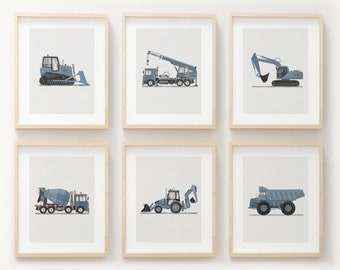 Vertical Set of 6 Pale Blue Construction Vehicle Prints, Construction Wall Art, Transportation Nursery, Kids Gallery Wall Set, Nursery Truck