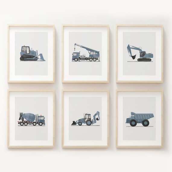 Vertical Set of 6 Pale Blue Construction Vehicle Prints, Construction Wall Art, Transportation Nursery, Kids Gallery Wall Set, Nursery Truck