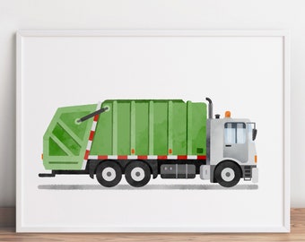 May include: A green and gray garbage truck with a side-loading mechanism. The truck has red and white stripes along the side.