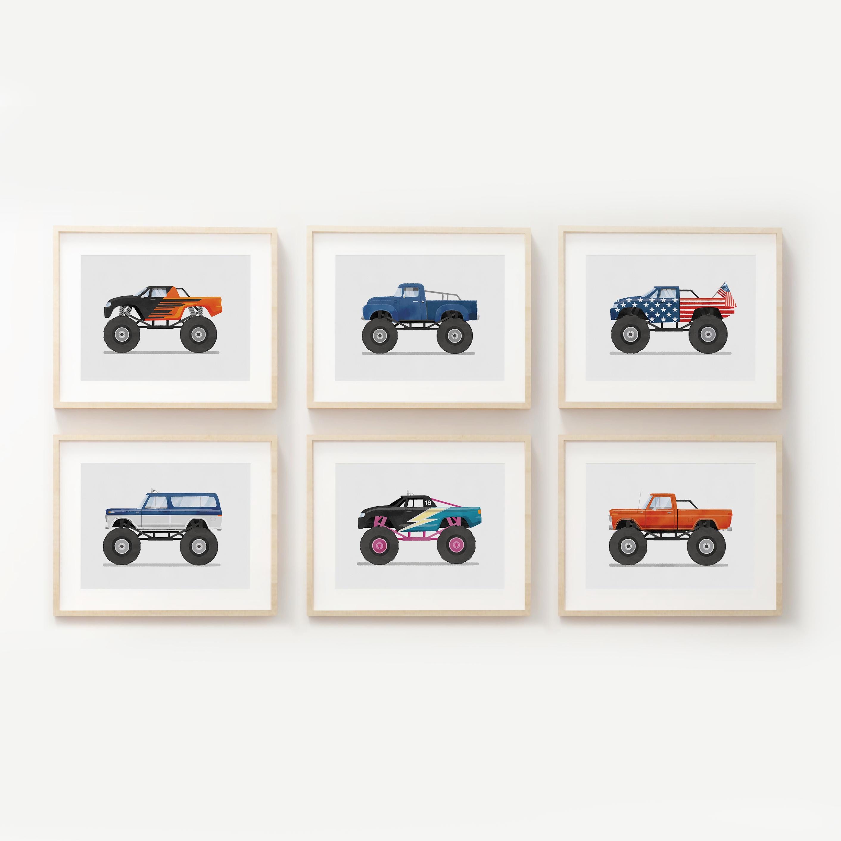 Set of 6 Monster Truck Vehicle Prints, Boys Room Decor, Kids Room Decor, Vehicle Printable Wall Art, Colorful Monster Truck, Transportation