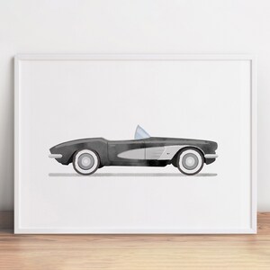 Impresión de coche deportivo retro negro, arte mural de automóviles, póster de coche clásico, arte mural para habitación infantil, impresiones de vehículos, decoración de habitación infantil, coche de acuarela