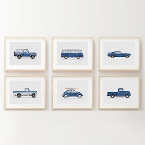 Set von 6 Vintage Navy Blue Fahrzeug Drucke, Jungen Zimmer Dekor, Retro Auto Drucke für Jungen Zimmer, Kinderzimmer Wandkunst, Transport Aquarell Kunst
