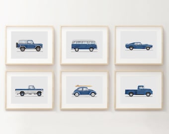Set of 6 Vintage Navy Blue Vehicle Prints, Boys Room Decor, Retro Car Prints For Boys Room, Kids Room Wall Art,Transportation Watercolor Art