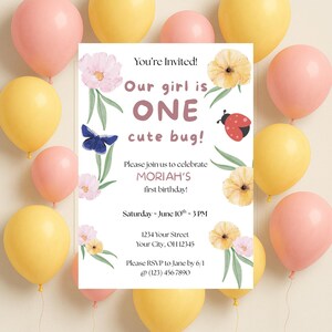 Girl&#39;s First Ladybug Invitation, Ladybug Birthday Invitation, One Cute Bug Invitation, Digital Bug Invitation, Digital Ladybug Invite, First
