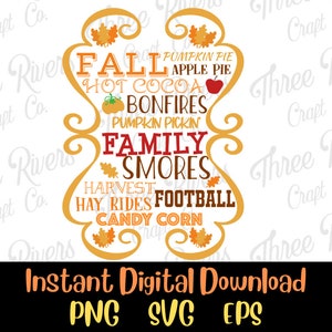 Puede incluir: Diseño gráfico de temática otoñal con el texto "Fall, Hot Cocoa, Bonfires, Pumpkin Pickin, Family Smores, Harvest, Hay Rides, Football, Candy Corn". El texto está en una variedad de colores y fuentes, y está dispuesto en un patrón circular.
