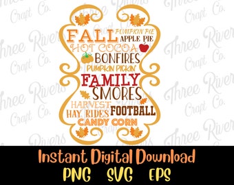 Otoño, Pastel de calabaza, Pastel de manzana, Cacao caliente, Pumpkin Pickin', Familia, Smores, Cosecha, Paseos en heno, Fútbol, Candy Corn Png, Svg, Eps, Descargar