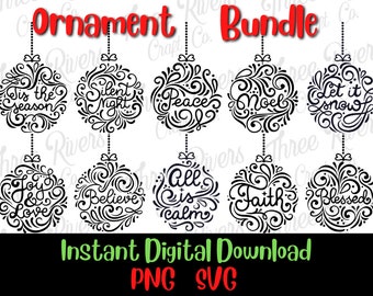 Paquete de 10 adornos navideños PNG y SVG, descarga digital, invierno, tis la temporada, noche de paz, paz, noel, déjalo nevar, creer, fe