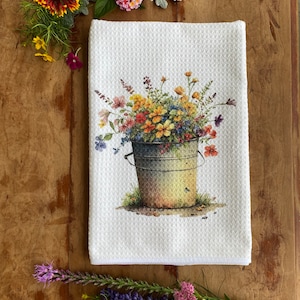 Garden flowers towel | Wildflower rusty bucket | Sublimation kitchen  |Tea towel | farmhouse flower towel | Waffle weave towel | Sublimation