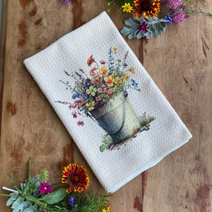 Garden bucket of flowers towel | Wildflower towel | Sublimation kitchen towel |Tea towel | farmhouse flower towel | Waffle weave towel |