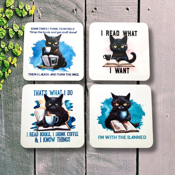 Cat book coasters, bookish gifts for women, I read and I know things, birthday gift for black cat lover, funny cat coasters, for book lover