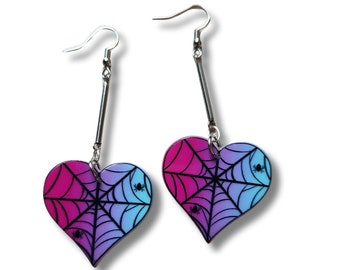 Heart Spiderweb Dangle Earrings, Spooky cute earrings, Pastel Halloween Acrylic Jewelry