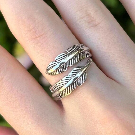 Silver Adjustable Feather Ring, Feather Ring, Copper Ring, Nature