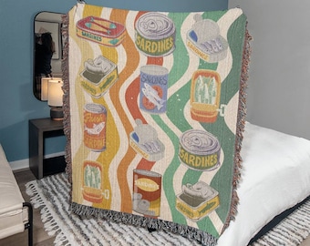 Sardine Fish Woven Throw Blanket Sardine Tin Living Room Decor Cozy Gift for Chef Gift for Fisherman Gift for Her Ocean Themed Gift Canned S