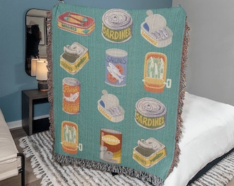 Sardine Fish Woven Throw Blanket Sardine Tin Living Room Decor Cozy Gift for Chef Gift for Fisherman Gift for Her Ocean Themed Gift Canned S