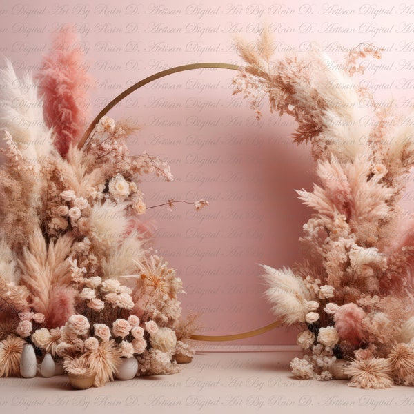 Mother's Day Pampas Grass Floral Arch Backdrop for Maternity, Bridemaid, Wedding Photography and Portraits. Digital download for Photoshop.