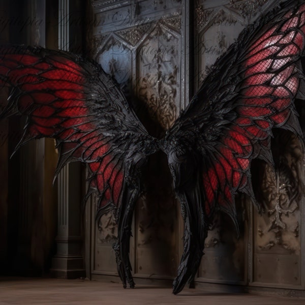 Gothic Butterfly Wings for Dark Angel Photoshoot, Red & Black Wings Digital Download for Photoshop, Dark Angel Photography Backdrop, Gothic