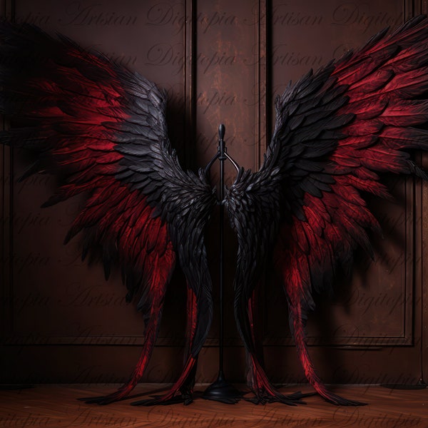 Gothic Wings for Dark Angel Photoshoot, Red and Black Feathered Wings Digital Download for Photoshop, Dark Angel Photography Backdrop, Goth