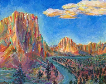 Puede incluir: Pintura al óleo de un paisaje vibrante con imponentes formaciones rocosas en tonos naranja, rojo y morado. Un río sinuoso fluye a través de un valle lleno de árboles verdes, bajo un cielo azul brillante con nubes blancas esponjosas.