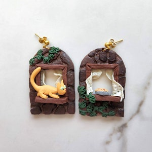 Cat on a Windowsill cute and funny polymer clay earrings