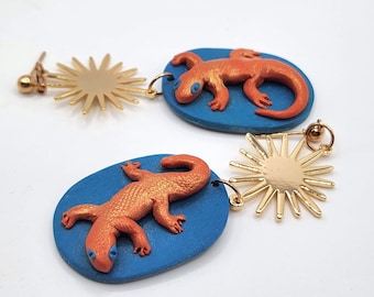 Basking Lizards: 3D Blue and Orange Lizard Earrings With Sun Charm For Reptile Lovers