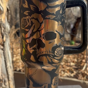 Black and Gold Rose and Skull Tumbler with Handle, Laser Engraved 40oz