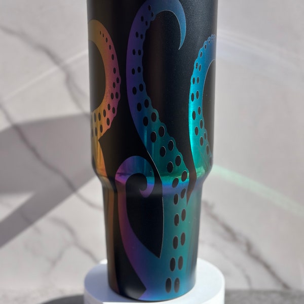 Octopus Tumbler with Handle, Laser Engraved 40oz Black and Rainbow/Aurora