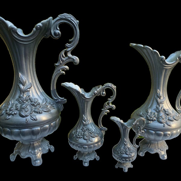 Vintage 1950s Art Nouveau Floral Relief With Scrolls Italian Peltrato Pewter Ewers/Vases - Set of 4
